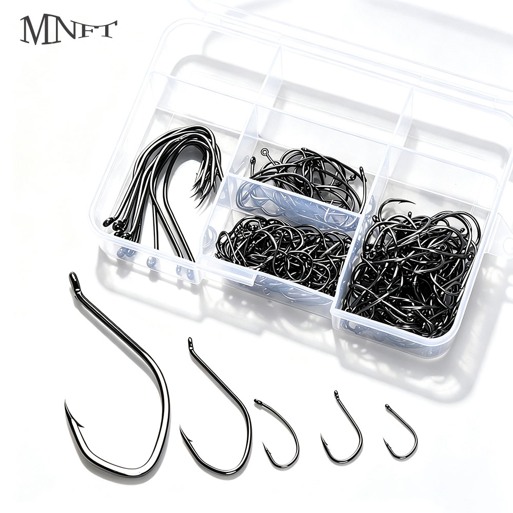 Fishing Hook Size - ชุดเบ็ดตกปลาแบบมีเงี่ยง 200 ชิ้น/กล่อง หลายขนาด ทำจากเหล็กคาร์บอนสูง สำหรับตกปลาในน้ำเค็ม